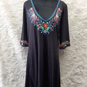 COZY Women's Black Floral Boho Neck Print Short Sleeves V-Neck Mid Dress XXL